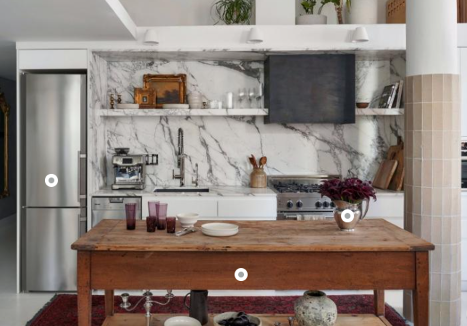 AFTER: White Contemporary Kitchen With Marble Backsplash and Wood Island Photo